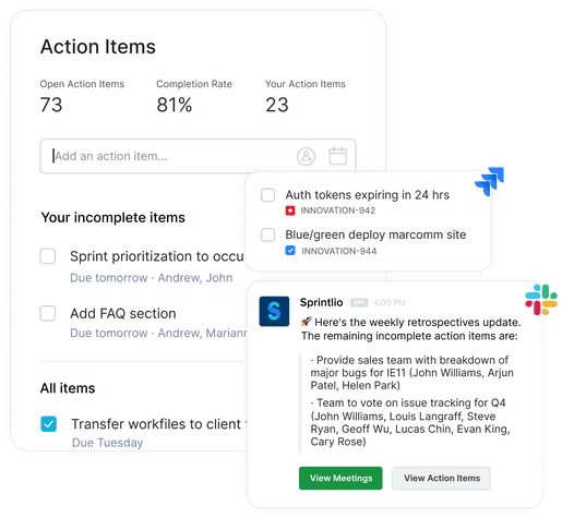 Sprintlio agile retrospectives action items, analytics, jira integration, and slack integration