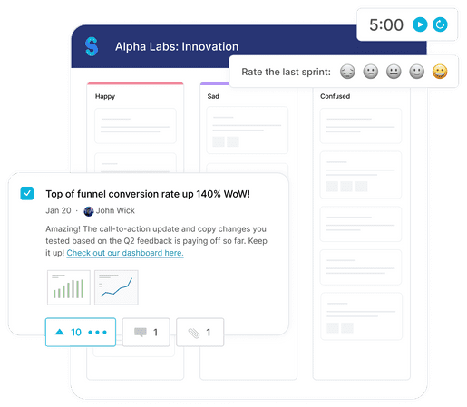 Sprintlio agile retrospectives product images with team health check, cards, lists, votes, dot voting, attachments, and timer